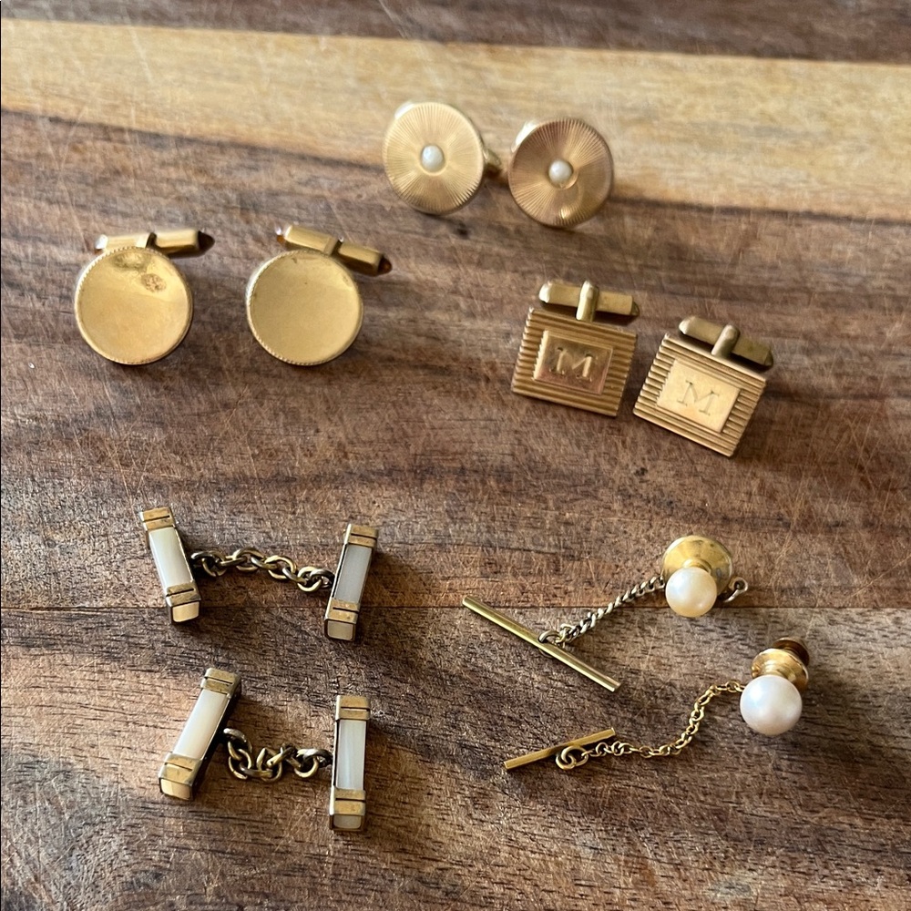 Vintage Gold and Pearl Men’s Cufflink and Tie Accessories Lot of 6